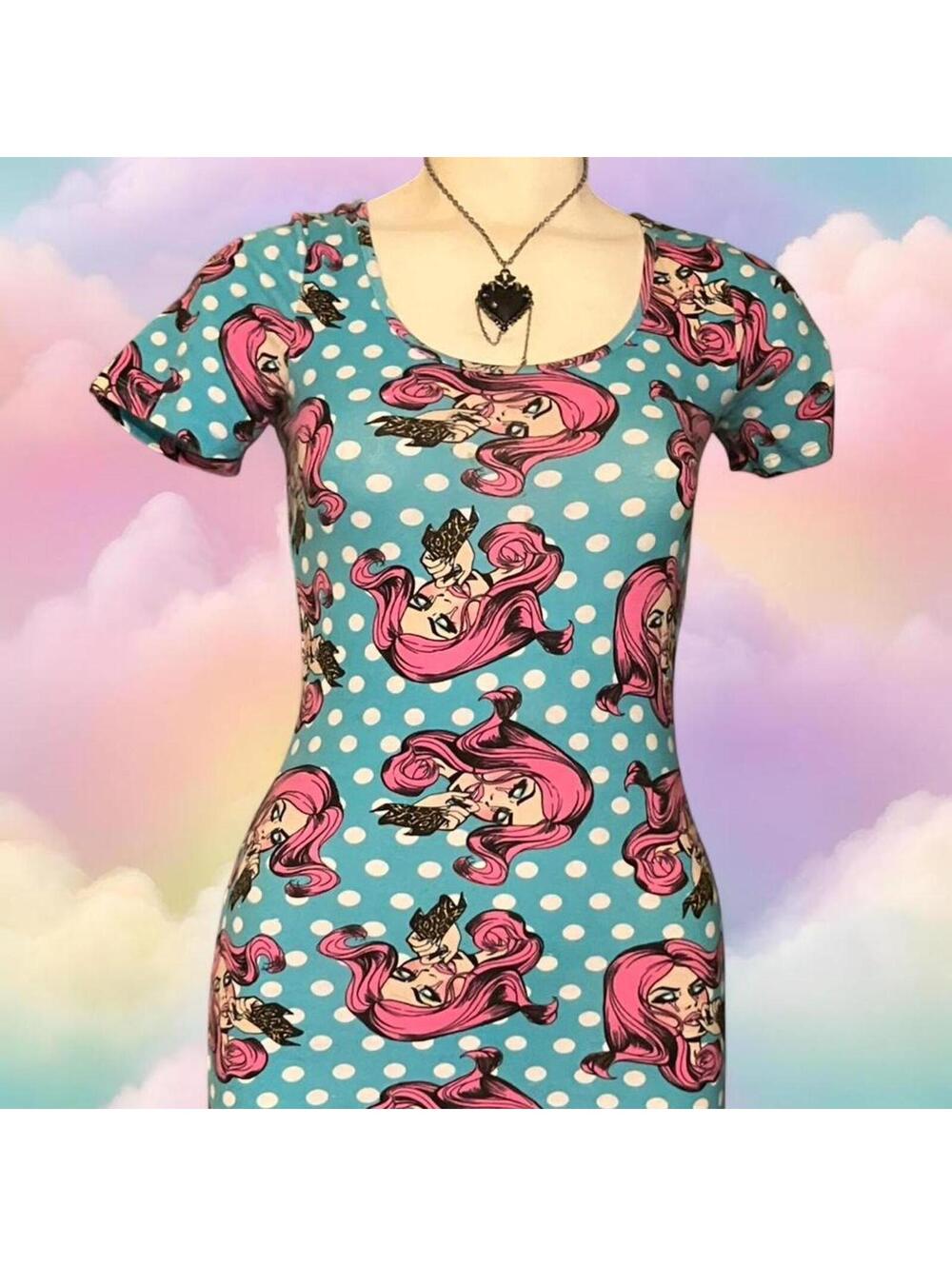 Like New y2k Iron Fist blue and pink polka dot bodycon dress #bodycon #pinup
